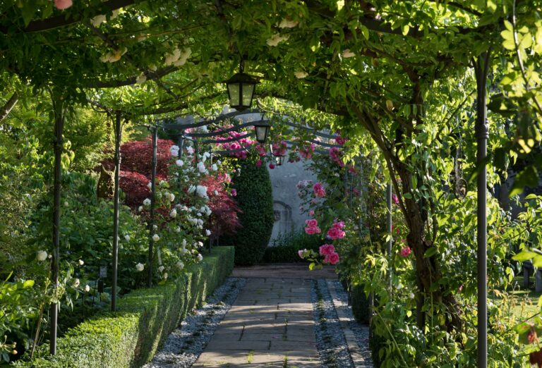 Allée en fer avec des lanternes et des fleurs qui longent toute l'allée et recouvrent le fer